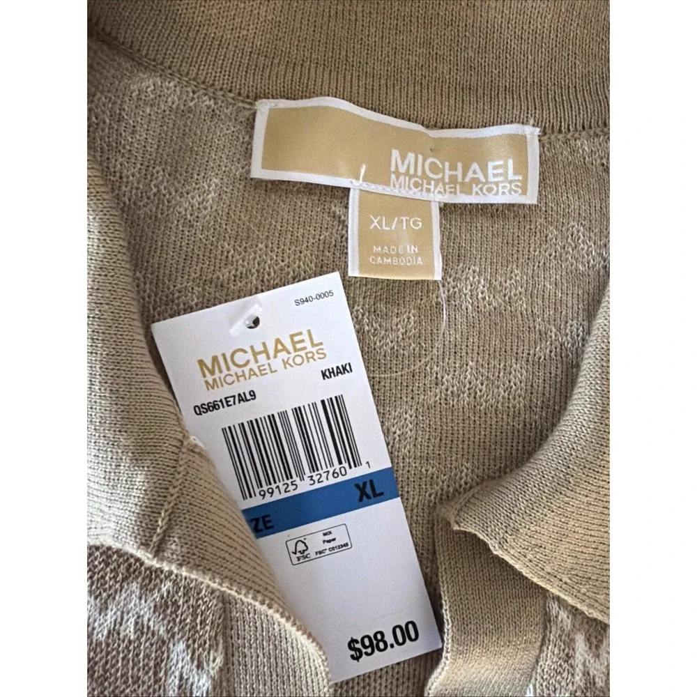 Michael Kors Womens MK Monogram Logo Polo Shirt Knit Top Khaki Beige XL NWT
